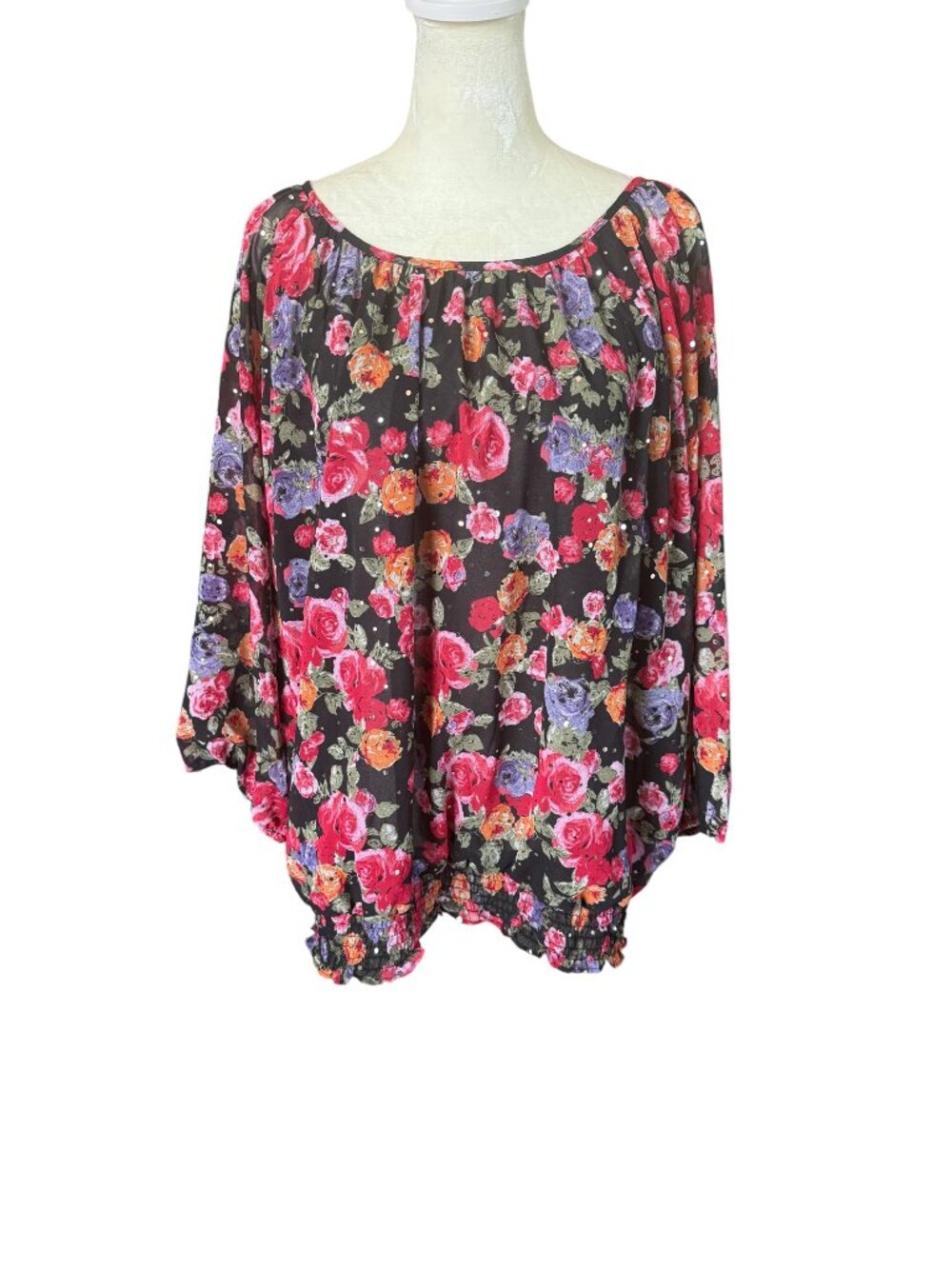 C.D. Daniels black and multicolored sequin floral 3/4 sleeve sheer blouse 3X